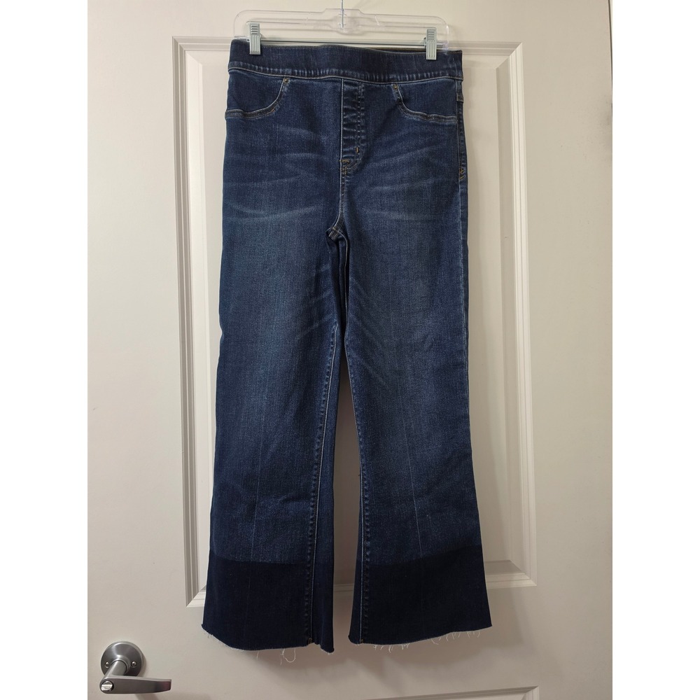 Spanx Cropped Flare Jeans Dark Wash Released Hem Pull On Denim Large